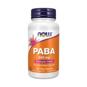 پابا 500 میلی‌گرم ناو 100 عدد (PABA 500 mg Veg Capsules NOW) یک مکمل تغذیه‌ای باکیفیت از برند معتبر ناو فودز است که برای حمایت از سلامت پوست، تقویت انرژی